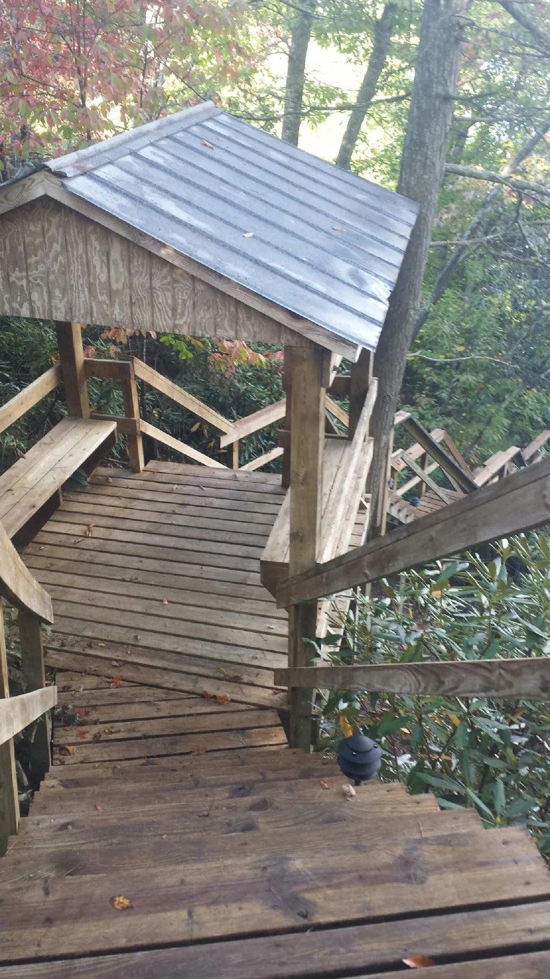 Metal roofed shelter over wooden steps on a wooded walkway — Skylight Repair & Installation work by our crew in Deferiet